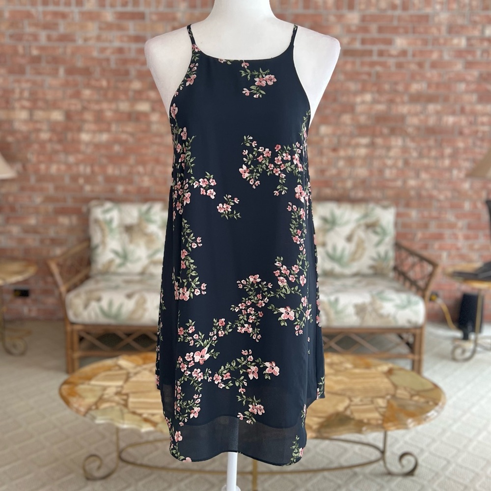 Olivaceous Navy Blue Floral Shift Chiffon Halter A-Line Shift Dress M Sundress